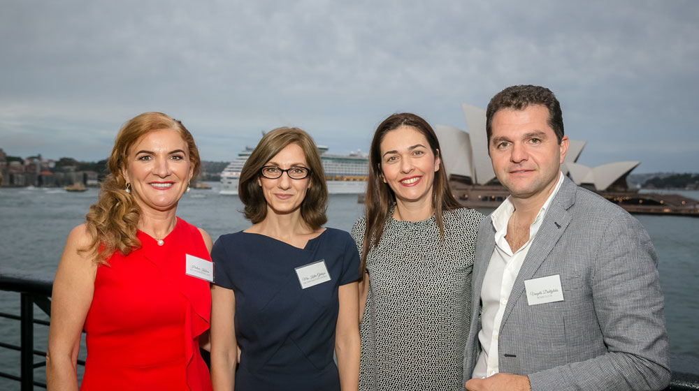 From right: In Sydney last week, Myconian Collection's President and CEO, Vangelis Daktylidis and wife Katarina; with Katia Gkikiza, Trade Commissioner of Greece to Australia and Halina Kubica, Managing Director of Greece & Mediterranean Travel Centre.