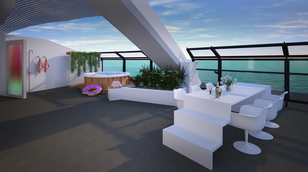 Virgin Voyages | Massive Suite hot tub, Peek-A-View outdoor shower