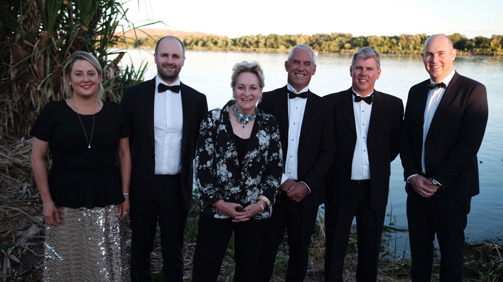Tourism Stakeholders at an event in Kununurra to celebrate the partnership - From left: Mollie Hill, Tourism WA; Alex Ananian-Cooper, National Charter Sales Manager, Alliance Airlines; The Hon Alannah MacTiernan, WA Minister for Regional Development ; Cr David Menzel, President of the Shire of Wyndham/East Kimberley; Michael McConachy, Chair East Kimberley Marketing Group and Angus Tandy, APT.
