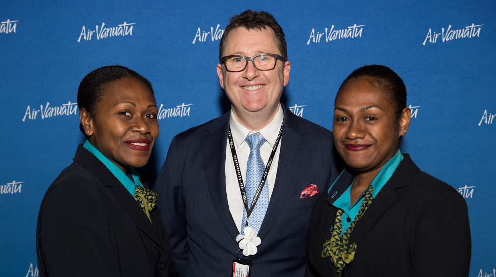 Air-Vanuatu-Cabin-Crew-with-Paul-Forbes,-Air-Vanuatu-Commercial-Manager-Australia.