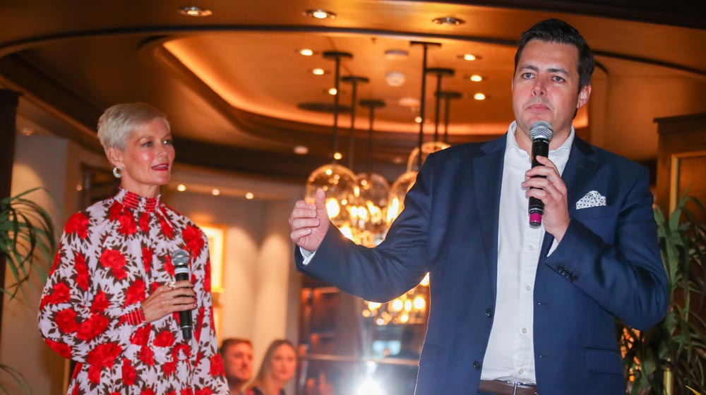 Princess Cruises SVP Asia Pacific, Stuart Allison addresses the audience watched on by emcee Jessica Rowe