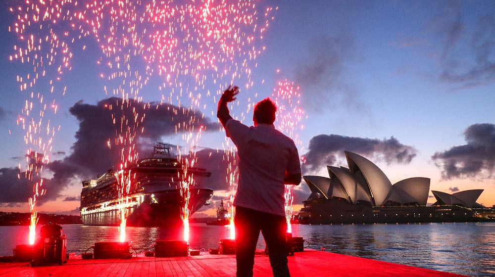 Chef Curtis Stone engaged his Princess OceanMedallion to activate a spectacular display of ruby-coloured fireworks to welcome Sea Princess to Sydney