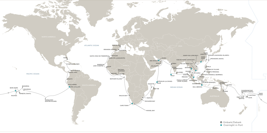 Seven Seas Mariner's 2023 World Cruise Route Map